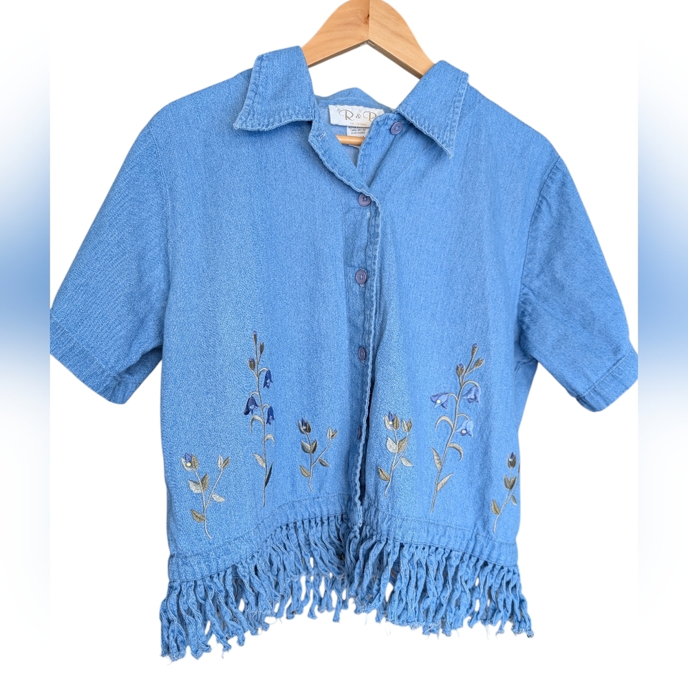 80s 90s Vintage Women's Blue Denim Shirt with Floral Embroidery & Fringe